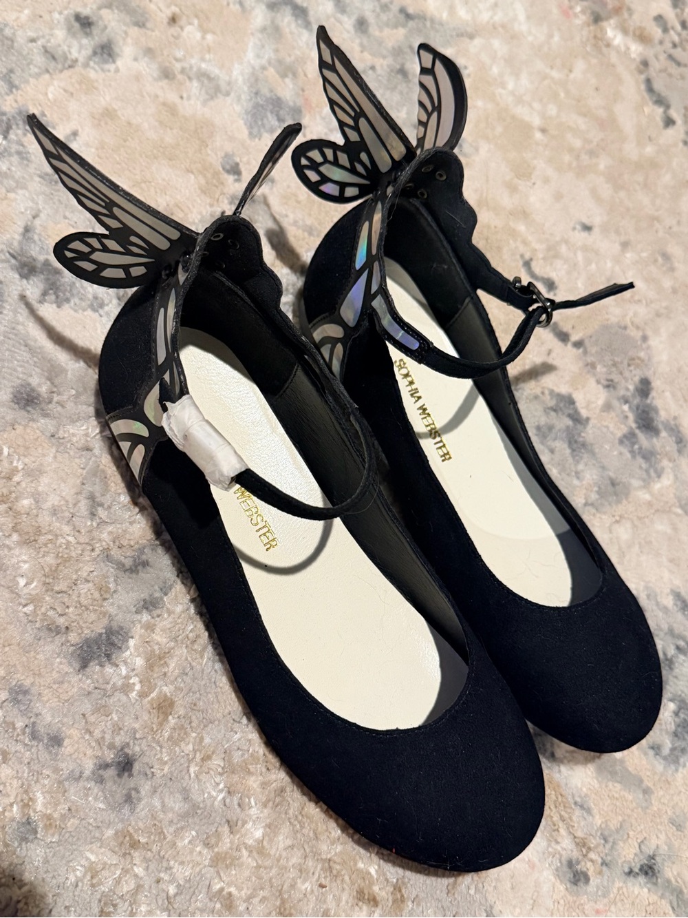 Sophia Webster Black Suede Flats with Iridescent Butterfly Wings